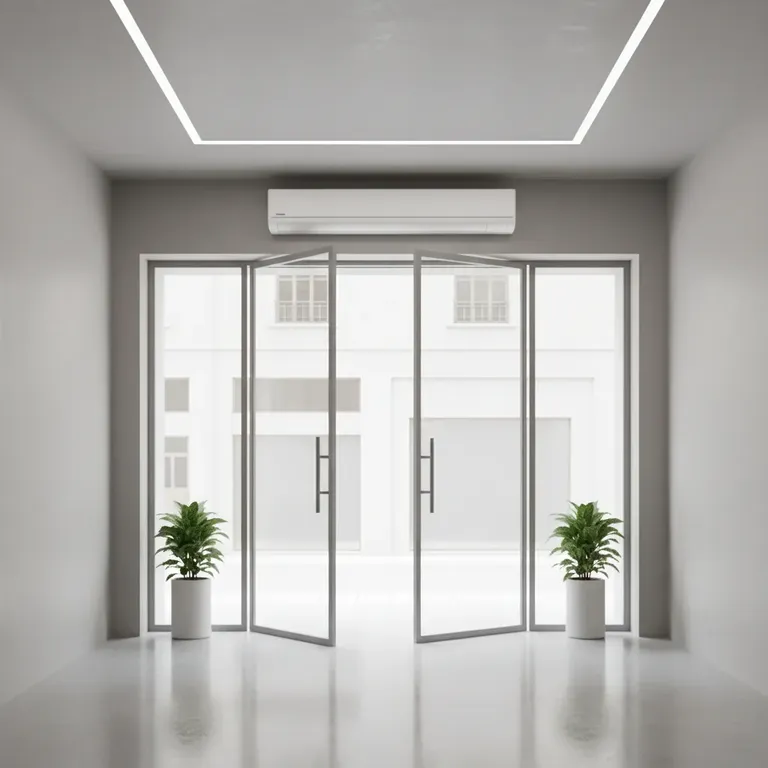 Air curtain mounted above a retail shopfront entrance