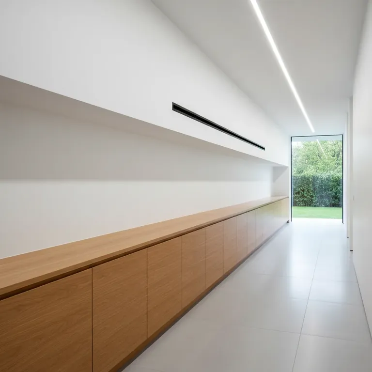 Bulkhead air conditioning slot outlet above hallway joinery