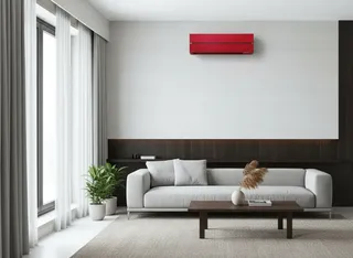 Ruby red Mitsubishi Electric MSZ-LN split system as a feature in a modern lounge