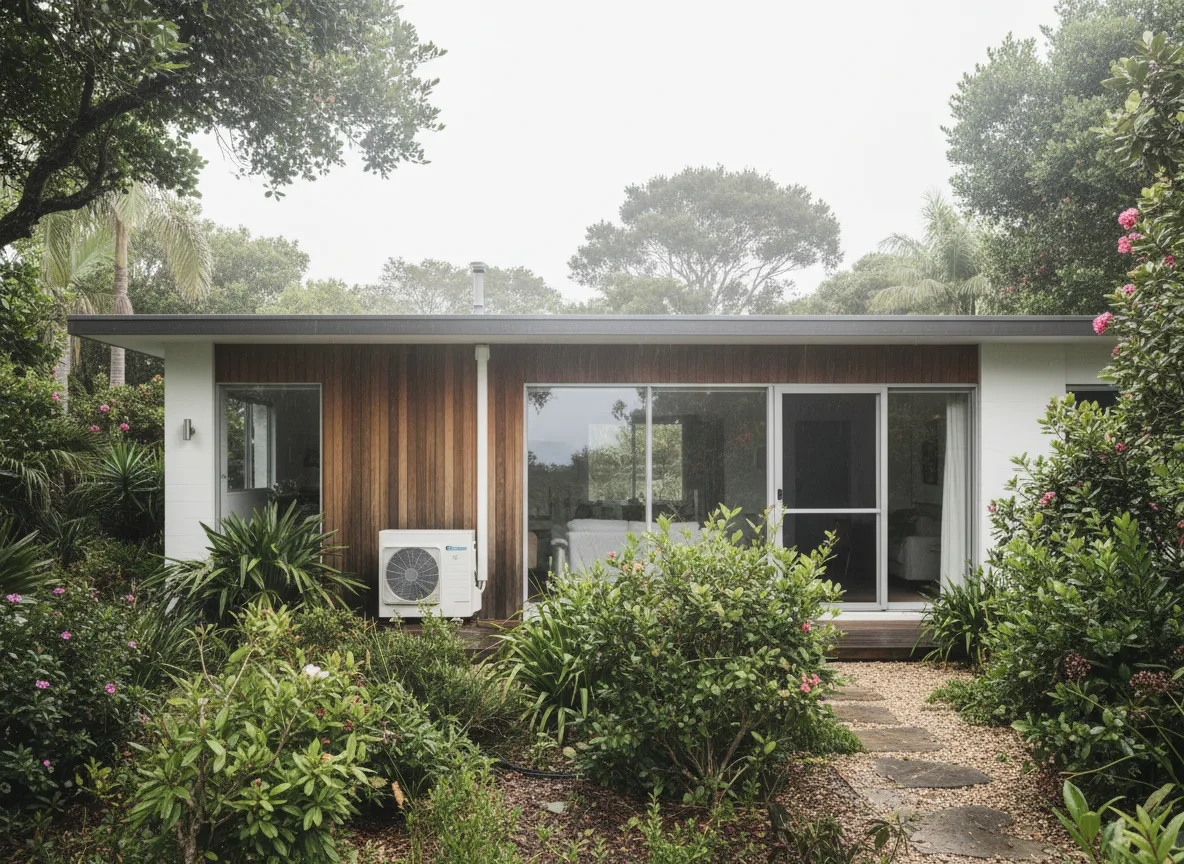 A freestanding Central Coast home with an outdoor condenser unit and a leafy garden