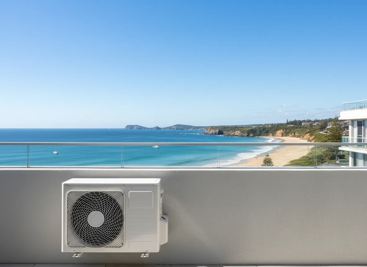An outdoor air conditioning condenser by a coastal eastern-suburbs apartment, with the ocean behind