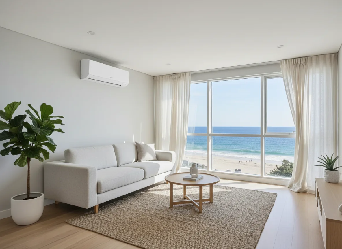 A wall-mounted split system in a bright eastern-suburbs coastal apartment living room