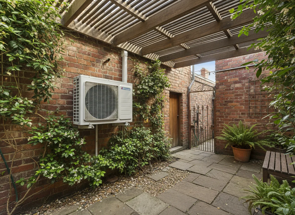 An outdoor air conditioning condenser neatly mounted in the courtyard of an Inner West terrace