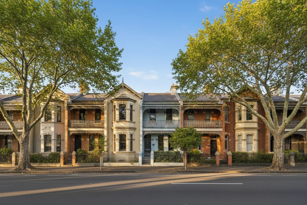 A sunny row of heritage Inner West terrace houses with cast-iron lacework balconies