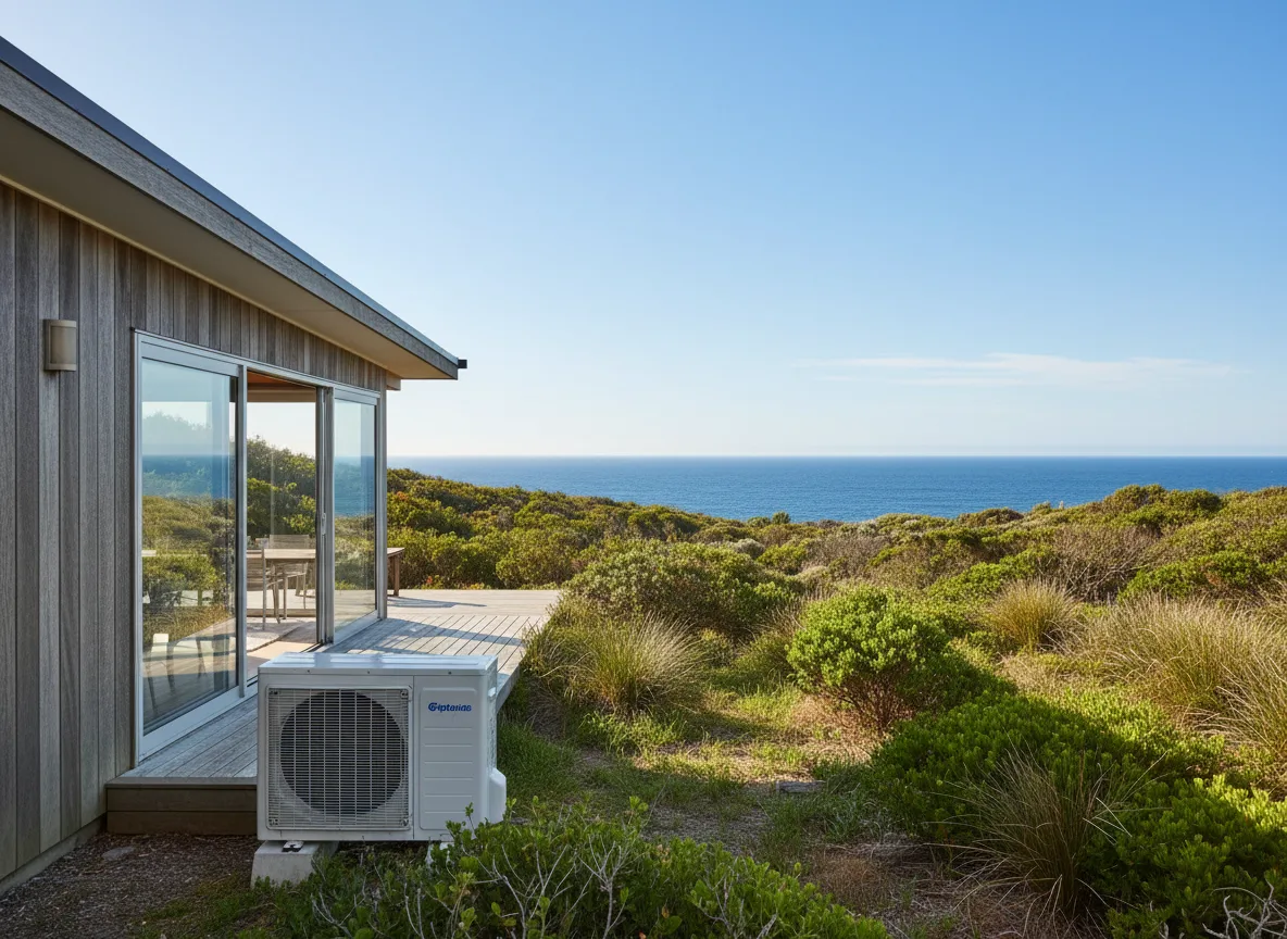 A beachside Northern Beaches home with an outdoor condenser unit and ocean views