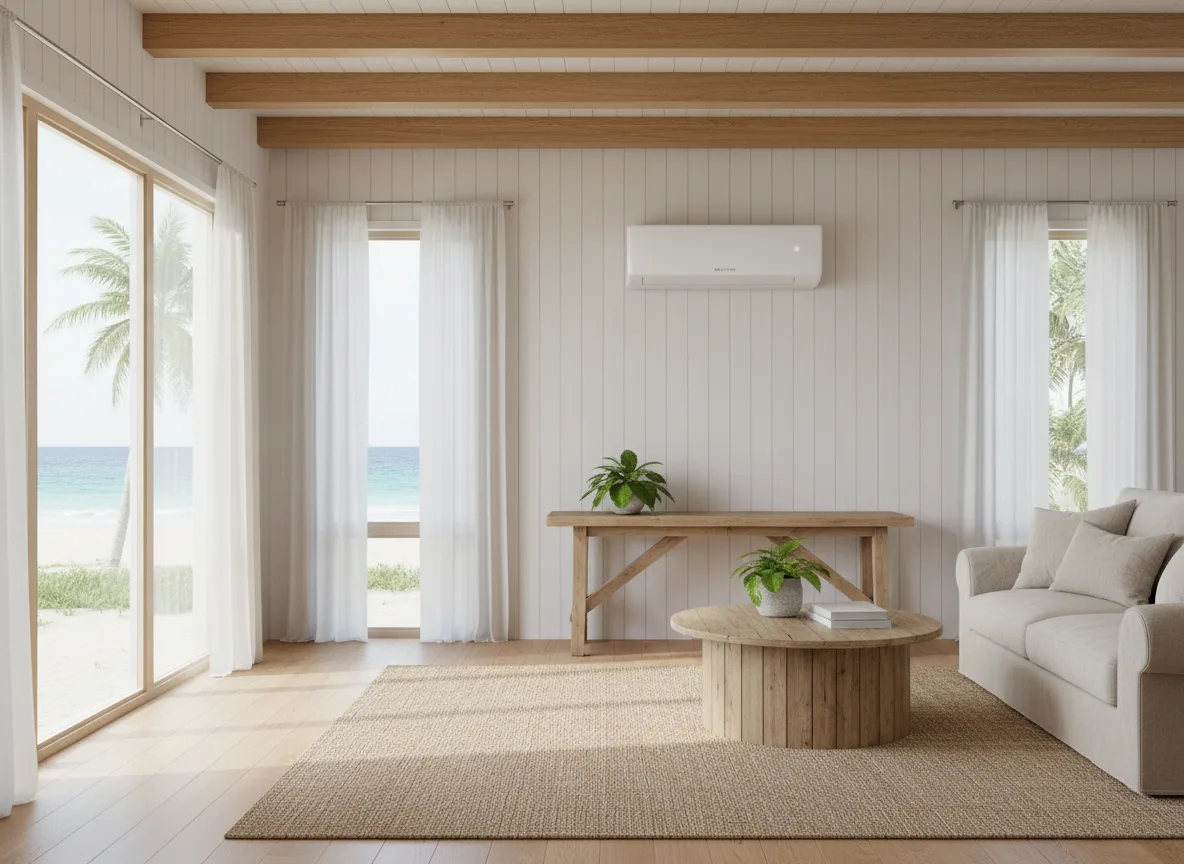 A wall-mounted split system in an airy Northern Beaches beach-house living room