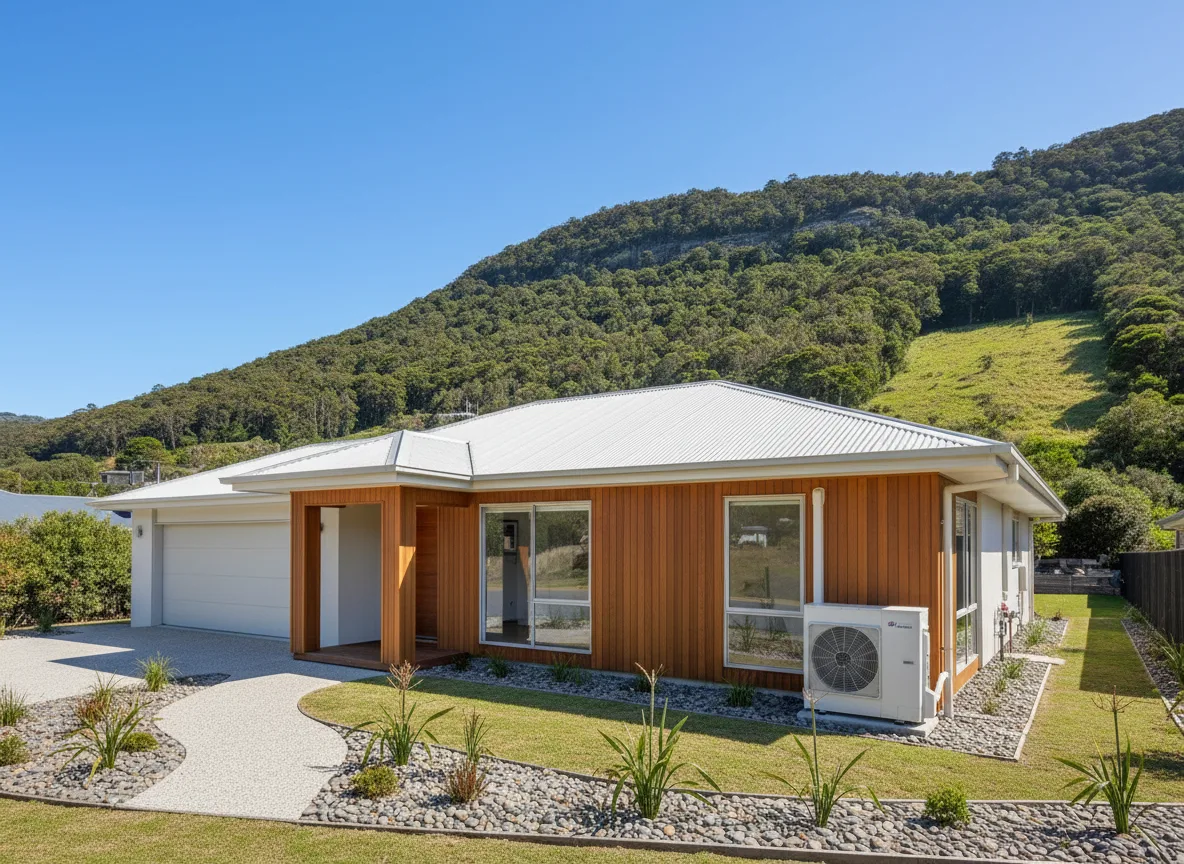 A freestanding Illawarra home near Wollongong with an outdoor condenser unit and the escarpment behind