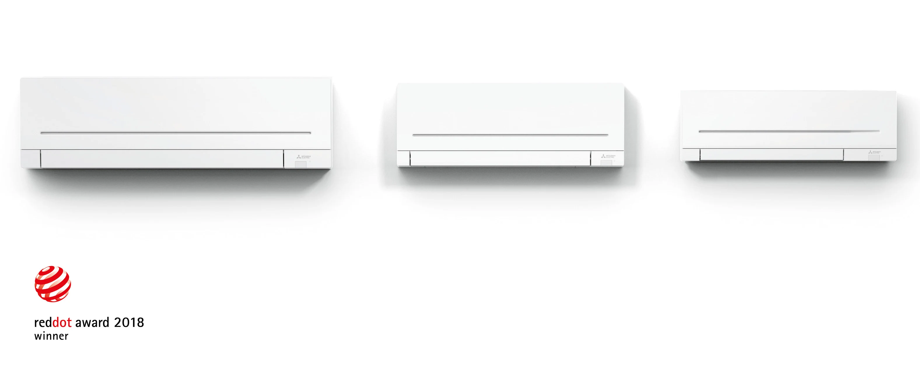 photo of 3 mitsubishi split system indoor units with 3 different sizes and the reddot award award 2018 certification logo 